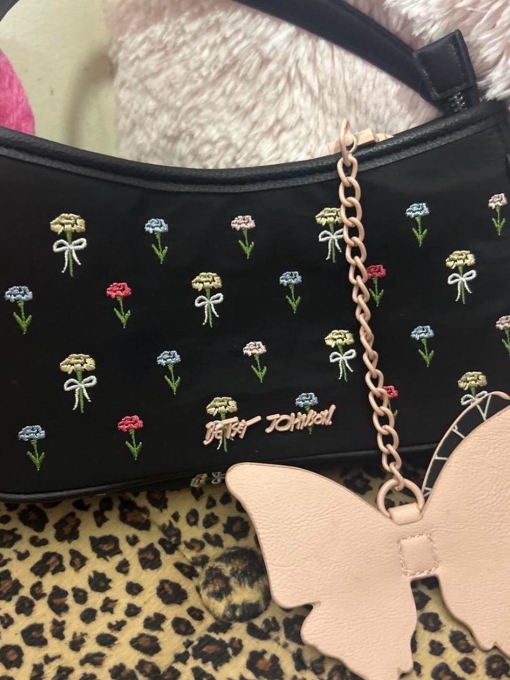 Betsey Johnson Black Floral Embroidered Shoulder Bag with Pink Butterfly Charm
